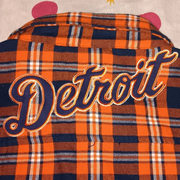 Detroit Tigers Orange And Blue Flannel Button Up Shirt Baseball Jersey - Picture 2 of 7